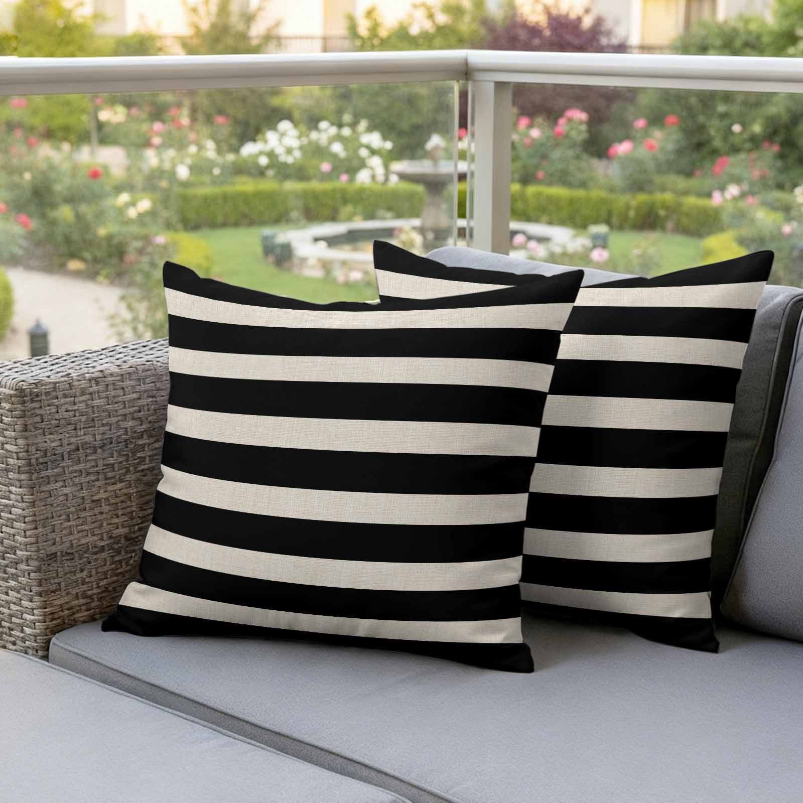 Black Beige Striped Outdoor Waterproof Pillow Covers, Vintage Geometric Line Simple Decorative Square Throw Pillowcase Sofa Cushion Sham for Patio/Couch/Chair, 16"x16" 2 Pack