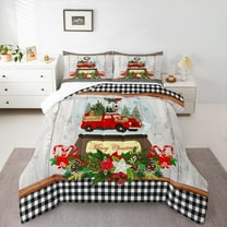 Homewish Xmas Red Truck 2pcs Bedding Comforter Set for Kids Children,Geometric Plaid Grid Twin Comforter Sets,Merry Christmas Breathable Bedding Set,Retro Vintage Bedroom Decor