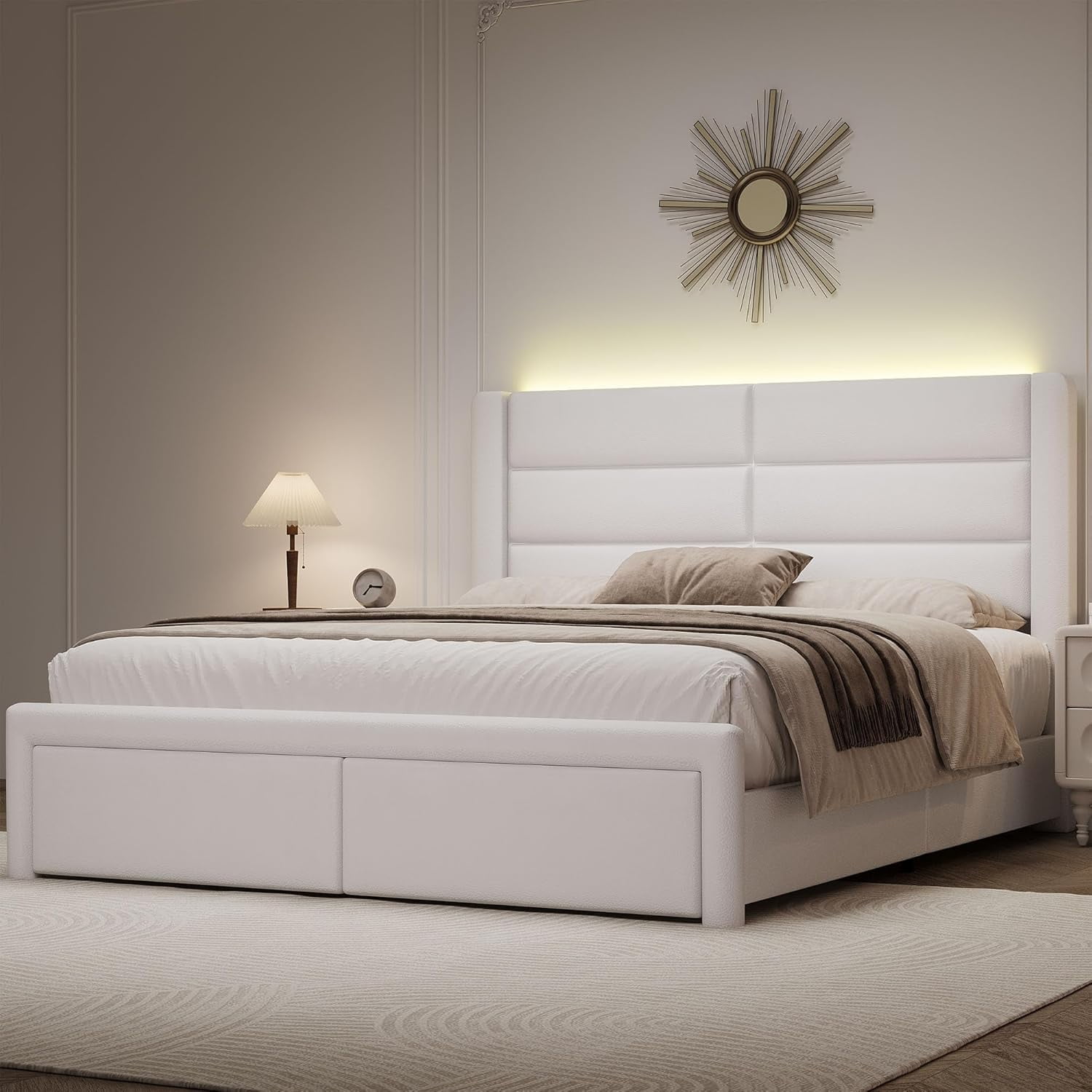 4 EVER WINNER Full Bed Frame with LED Light, Modern Upholstered Platform Bed Frame Headboard and Footboard, White Full Size Bed Frame, White
