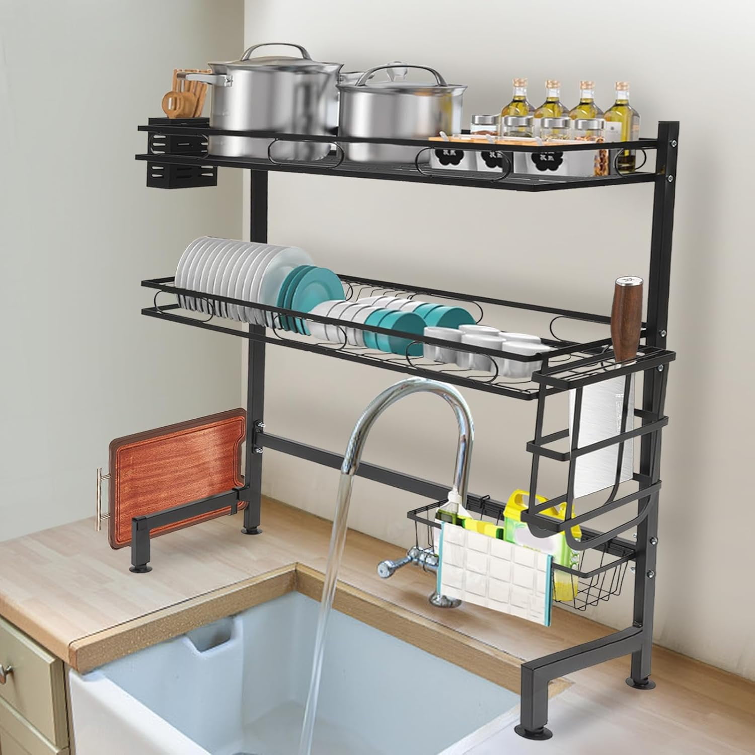 Dish Drying Rack 2-Tier Over Sink Dish Dryer Rack with Drainer 8 Hooks & Different Rack Cutlery Shelf Cup Organizing Metal Dishrack Set for Kitchen Counter
