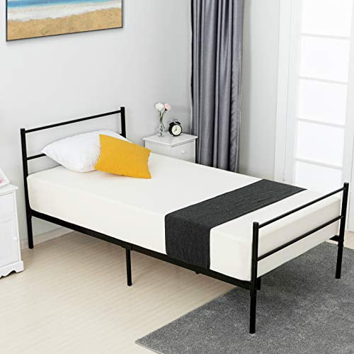 mecor Vintage Metal Twin Bed Frame No Box Spring Needed Twin, Black Easy Assembly Platform Bed with Strong Metal Slats Black Upholstered Faux Leather Headboard