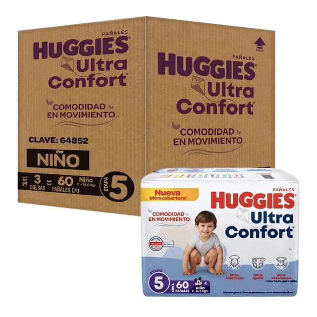 Huggies UltraConfort Pañal Desechable para Bebé, Etapa 5 Niño, Paquete con 180 Piezas, Ideal para niñas de 11 a 14.5kg