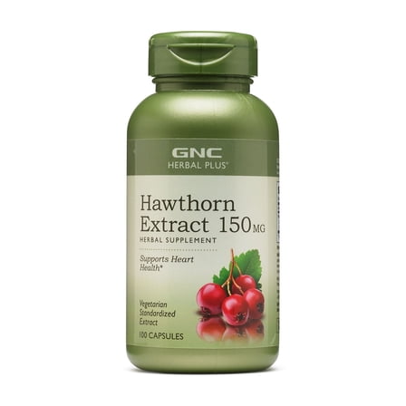 GNC Herbal Plus Hawthorn Extract 150mg Supplement, Vegetarian, Supports Heart Health, 100 Capsules, 100 Servings