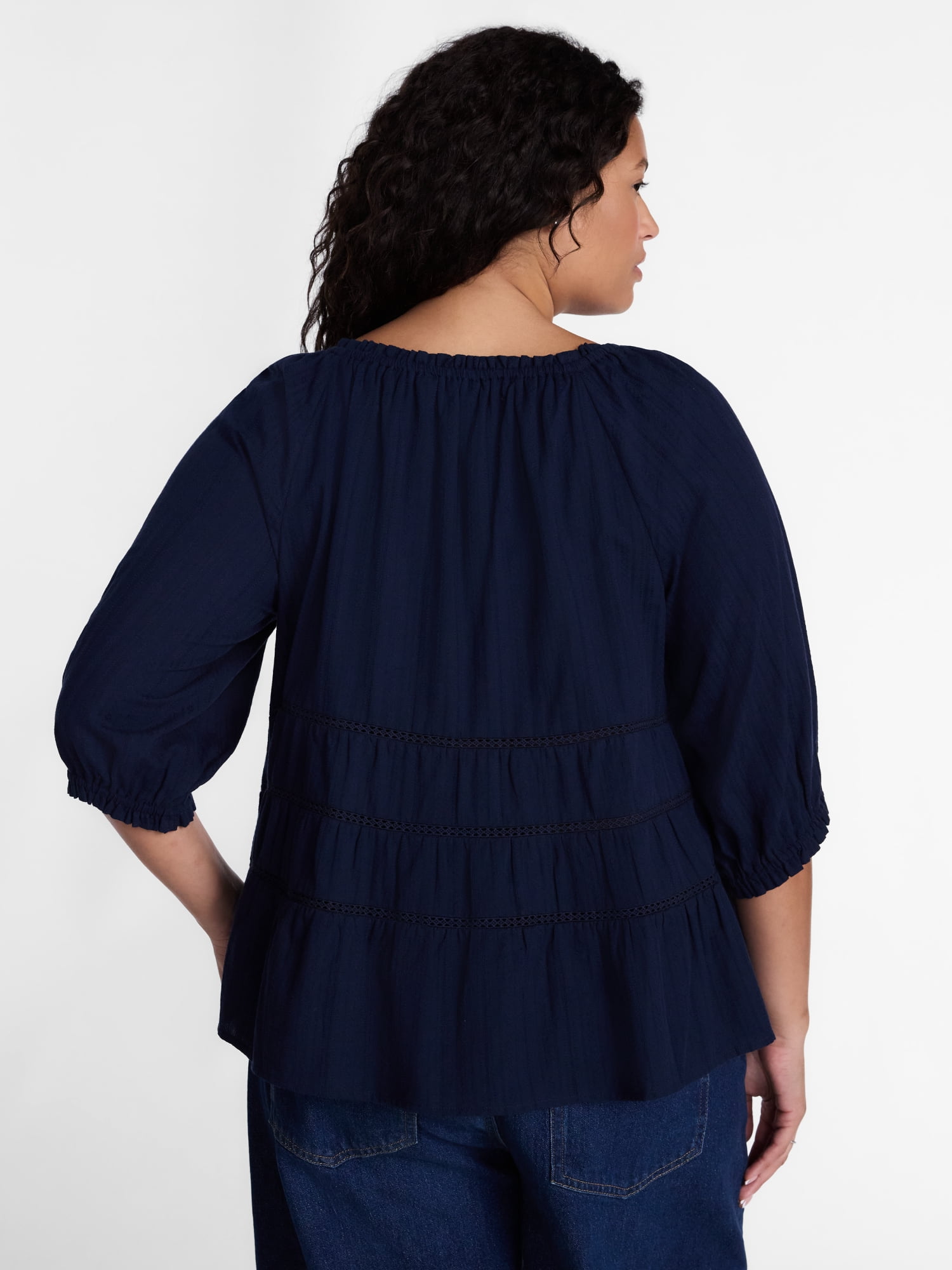Terra & Sky Women's Plus Button Front Swing Top with Elbow Length Sleeves, Sizes 0X-5X