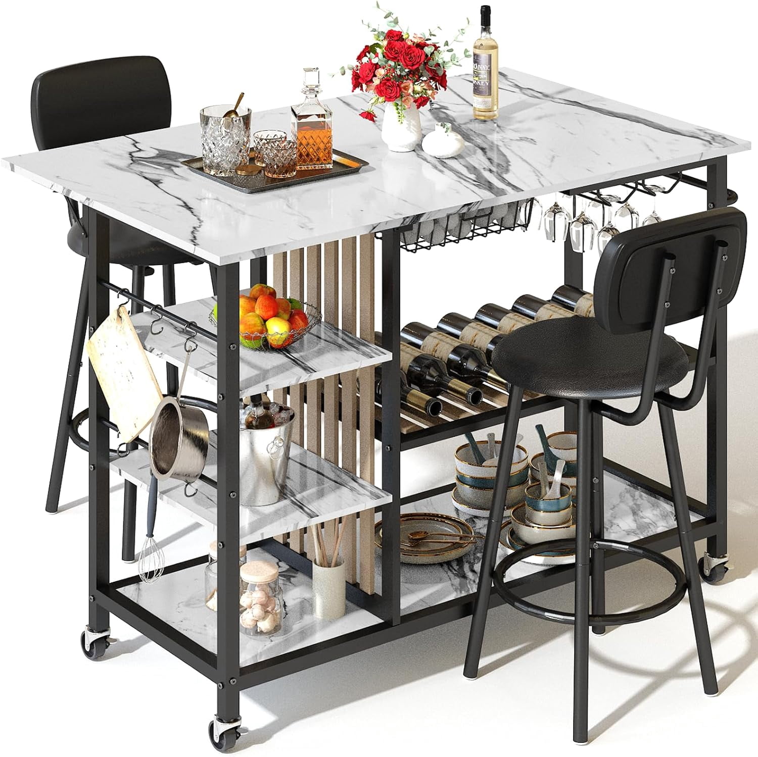 Lamerge 2 Person Folding Dining Table Set with Wheels and Wine Rack, White