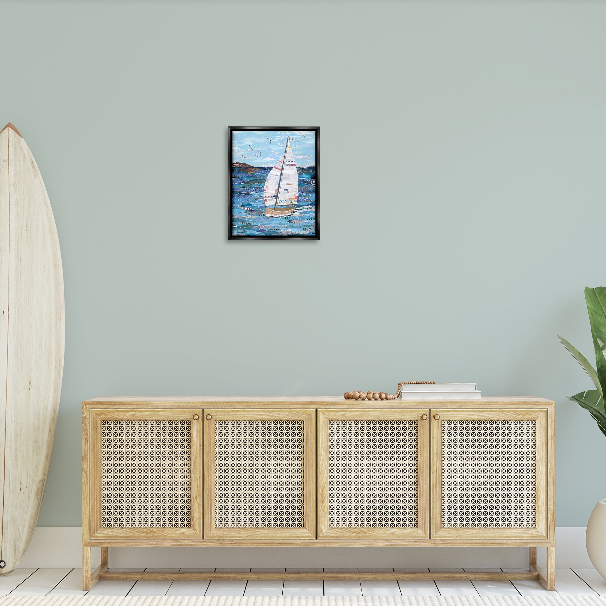 Stupell Industries Collaged Sailboat Scene Transportation Painting Black Floater Framed Canvas Art Print Wall Art, 17 x 21