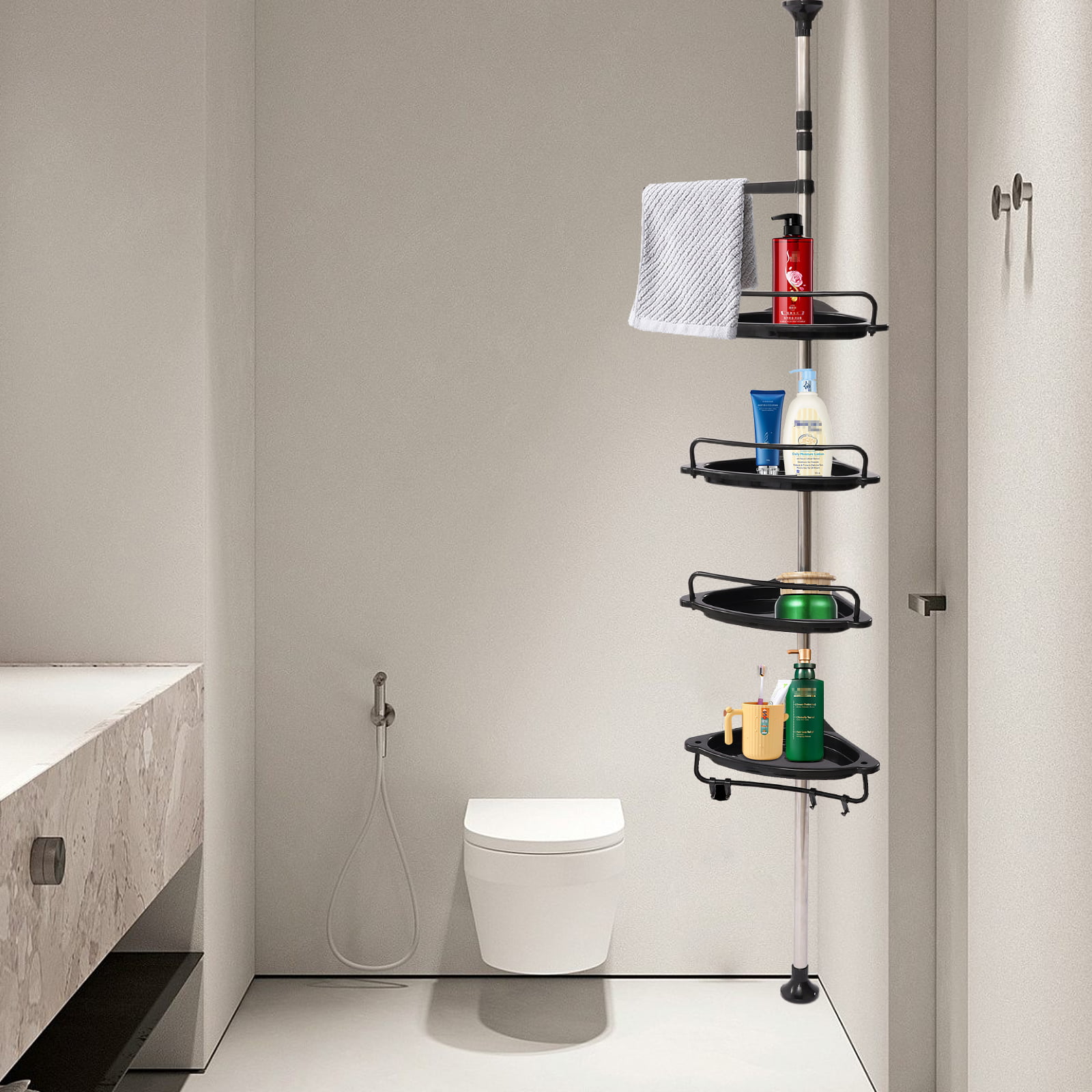 Bathroom Organizer Adjustable Tension Shower Pole Caddy, 4 Shelves, Satin  Nickel - AliExpress