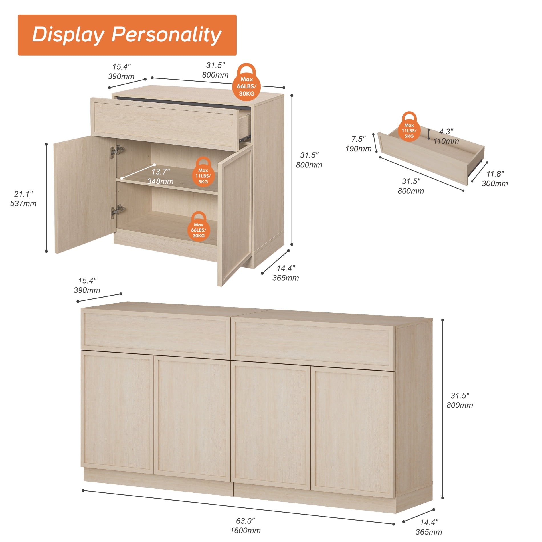 63" Modern Sideboard Buffet Cabinet with 4 Doors and Drawers, Multifunctional Sideboard with Large Storage and Adjustable Shelf, Beige