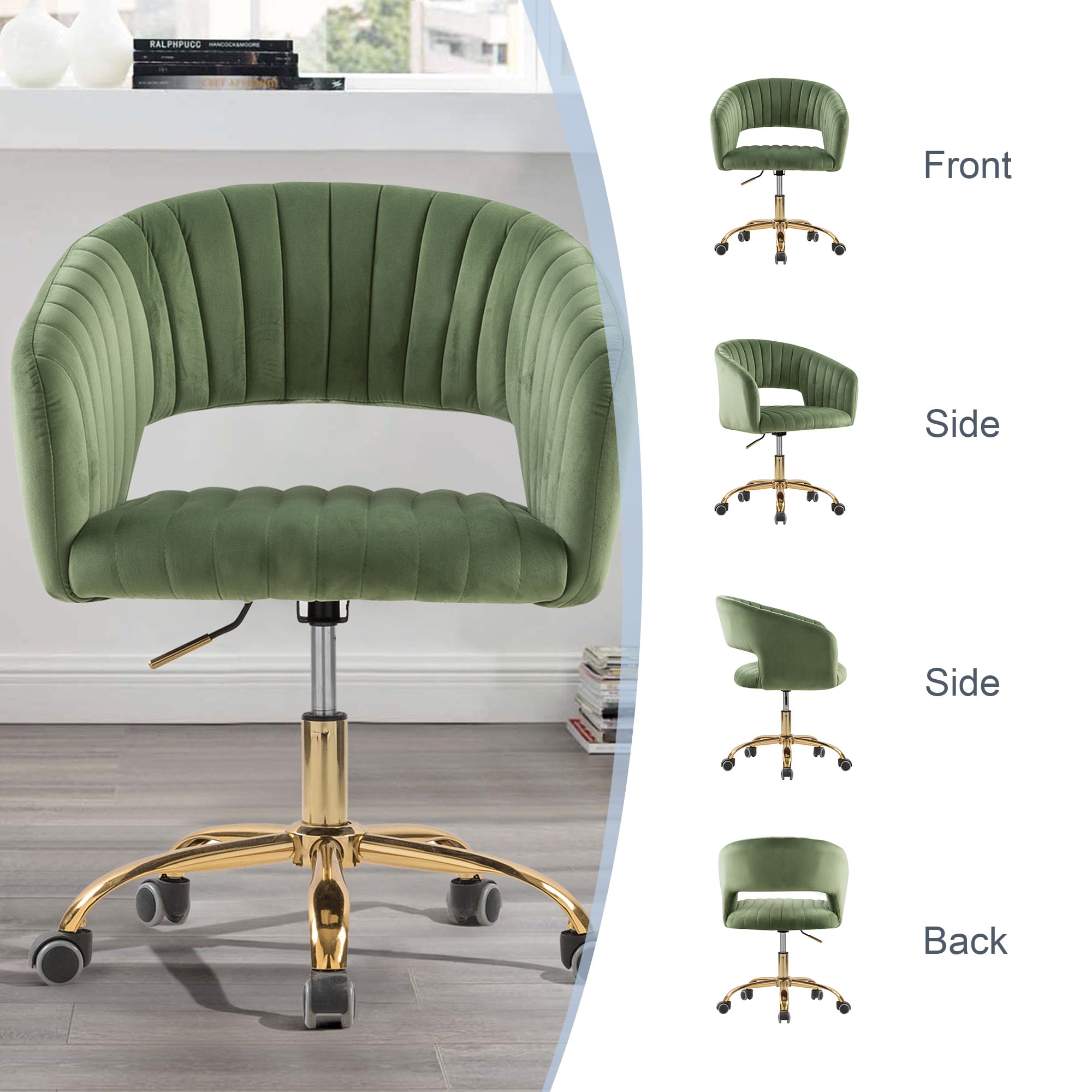 MOONMISS Modern Velvet Office Chair with Gold Base,Adjustable Swivel Desk Chair with Wheels,Low Back Rolling Vanity Chair,Olive Green