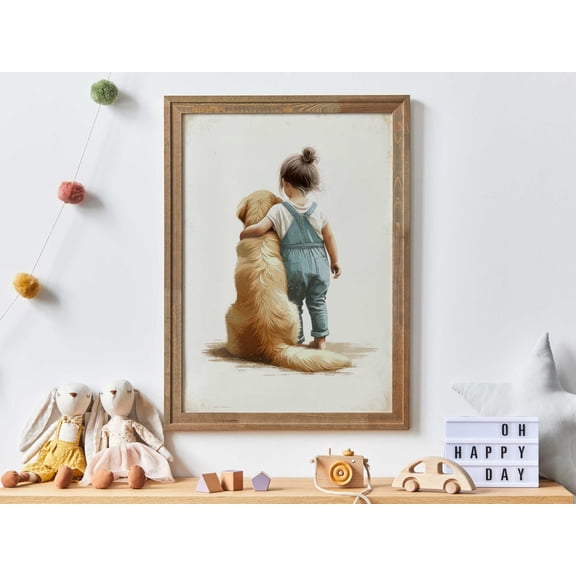 Golden Retriever Wall Art Girl and Dog Nursery Decor, Unframed Paper Poster 8x10in