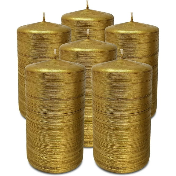 Hyoola, 2.75 x 5 Unscented Gold Brushed Metallic Rustic Pillar Candles, Paraffin Wax with Cotton Wicks, 6-Pack