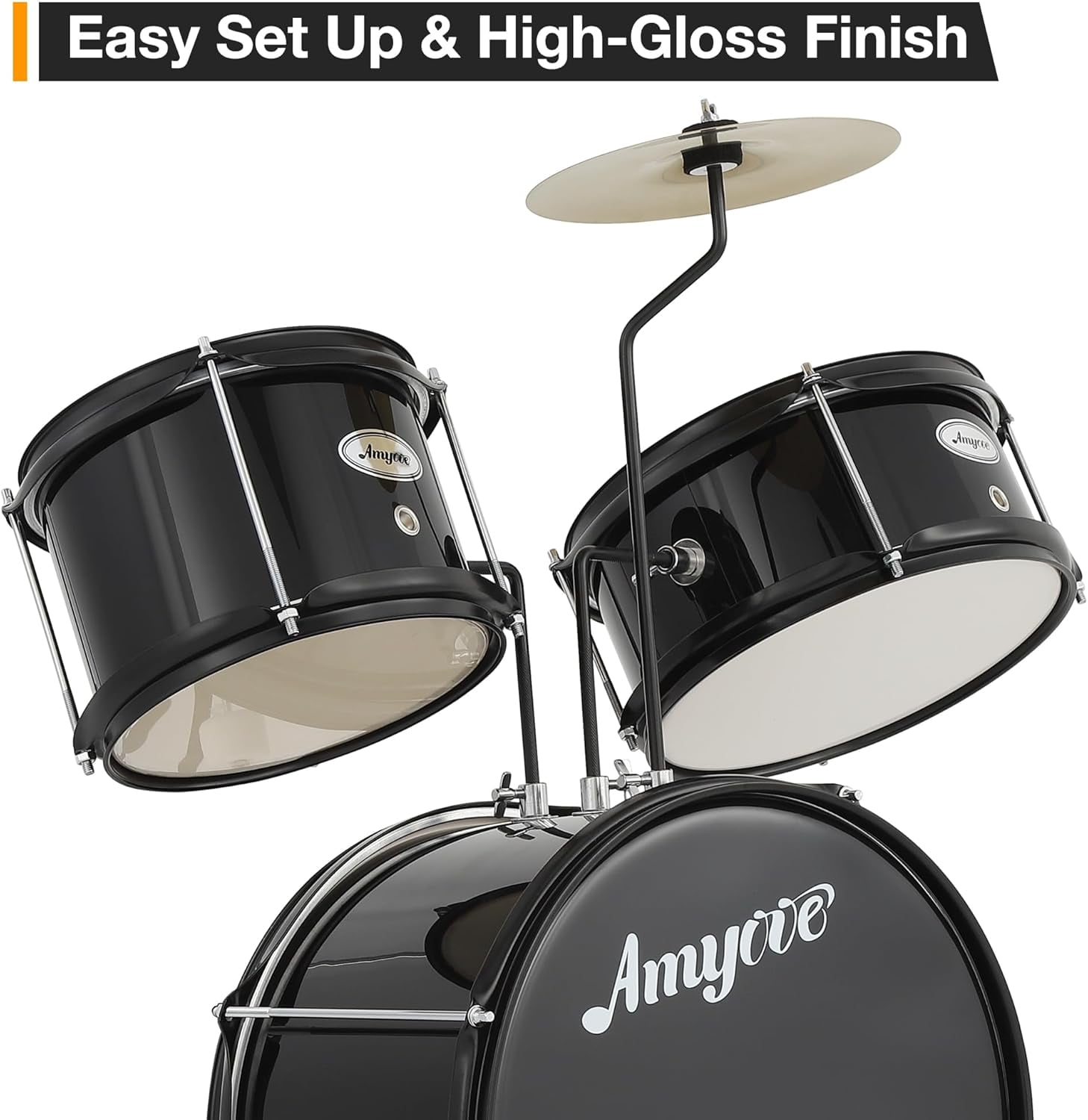 3-Piece Drum Set, Wood & Metal Construction, Includes Bass Drum, 2 Toms, Cymbal, Sticks, Bass Pedal & Stool, Complete Beginner Percussion Kit, Dark Black