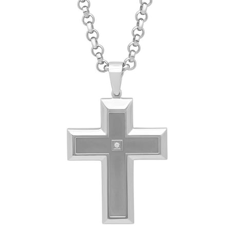 Men's Stainless Steel Diamond Accent Cross Pendant with 24 Chain Men's Pendant