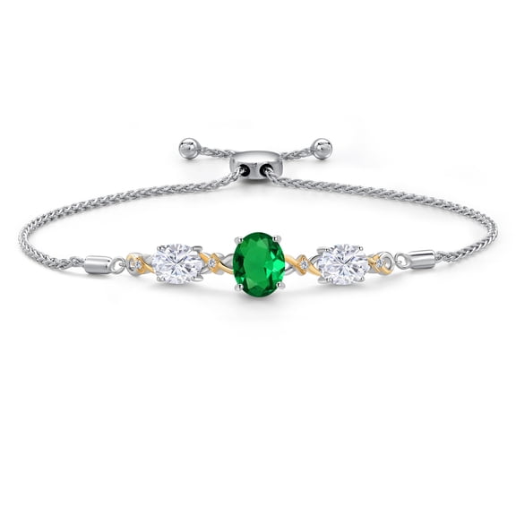 925 Silver & 10K Yellow Gold Green Nano Emerald White Moissanite & Lab Grown Diamond Bracelet for Women | 5.06 Cttw | Gemstone May Birthstone | Oval 10X8MM and 8X6MM | Fully Adjustable 9 inch