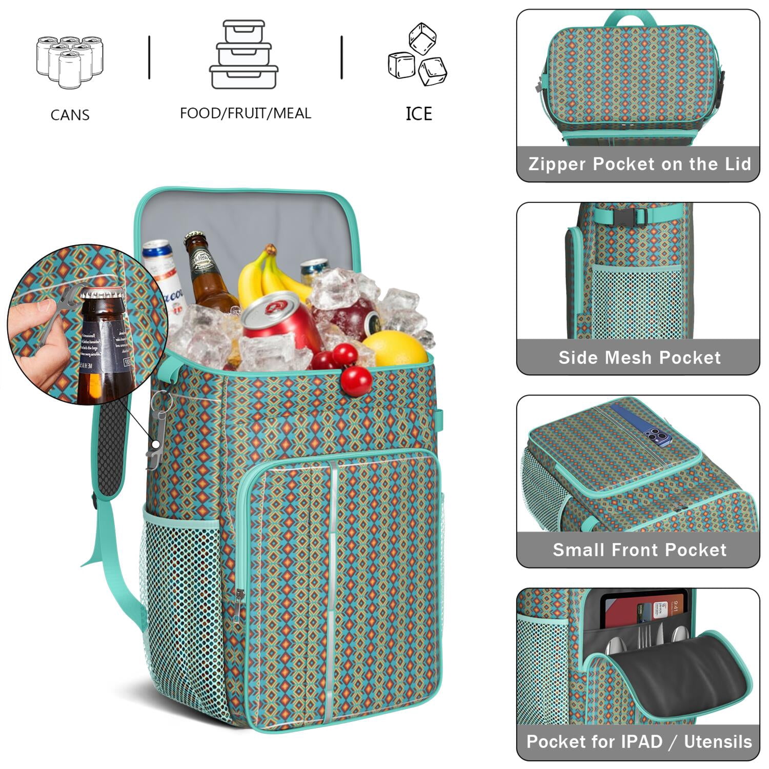 Travel Cooler Bag - Boho Bohemia Pioneer Flower Geometric Line Art Camping Beer Cooler Backpack with Bottle Opener- Waterproof Insulated Picnic Backpacks - Cooler Bag for Beach