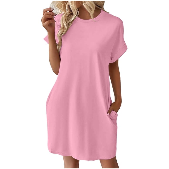 Zorckvet Womens Dressy Dresses A Line Solid Color Crewneck with Pockets Midi Dress for Women Fashion