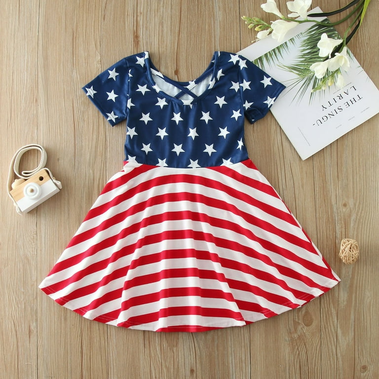 JDEFEG Children Place Big Girls Dresses Toddler Kids Girls Clothes Summer Independence Day Stripes Dress Casual Ruffle Backless 4Th Of July Dresses
