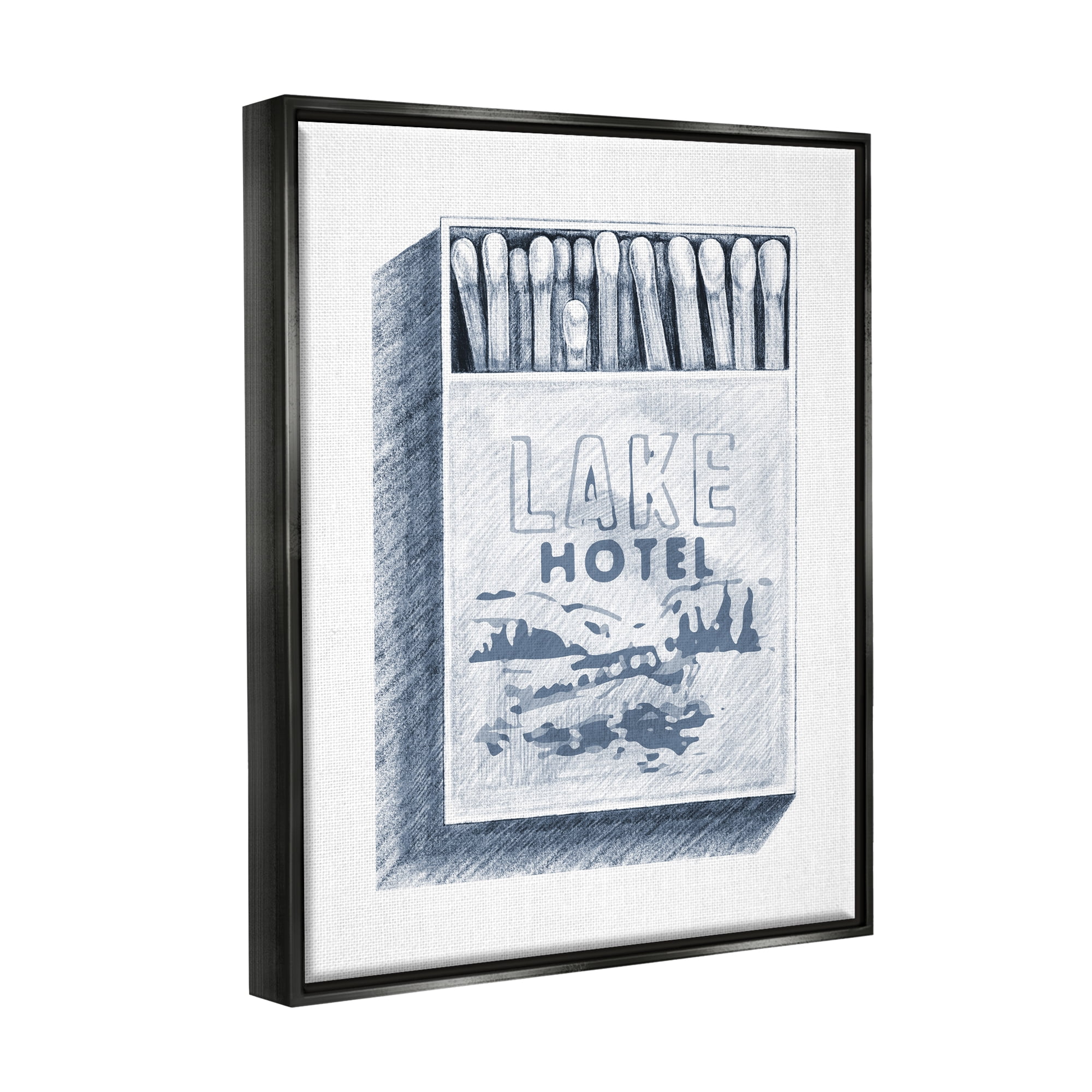 Stupell Industries Lake Hotel Matchbook Drawing Landscape Painting Black Floater Framed Art Print Wall Art