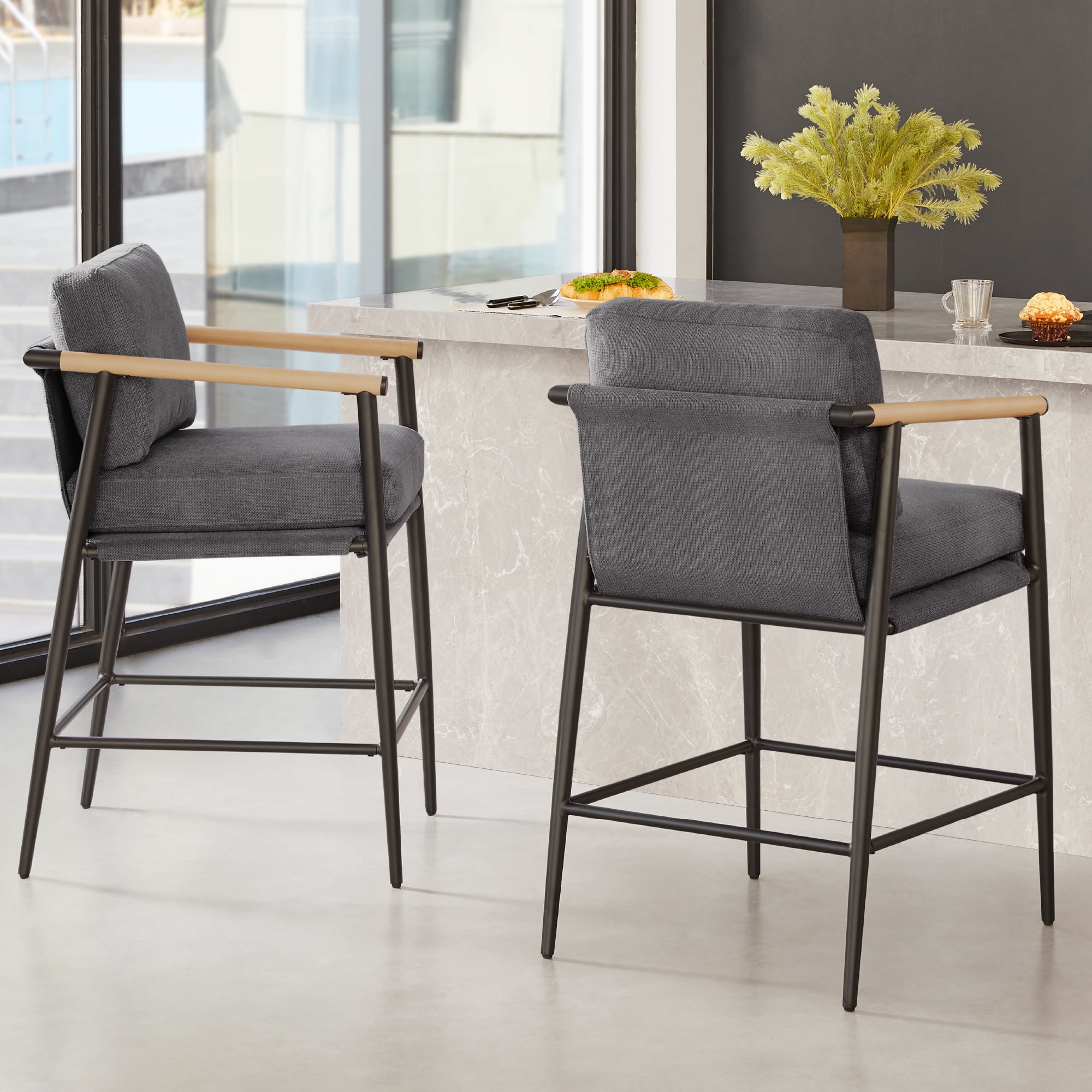 CHITA Modern Counter Stools Set of 2, Upholstered Bar Stools with Metal Frame and Wooden Armrests, Fabric in Gray