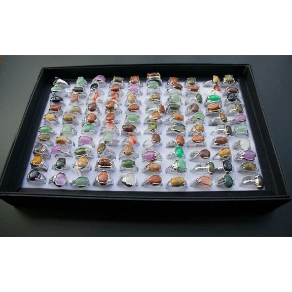 K-KED FREE Wholesale Lots Mixed 20Pcs Big Natrual gemstone stone Silver P Rings