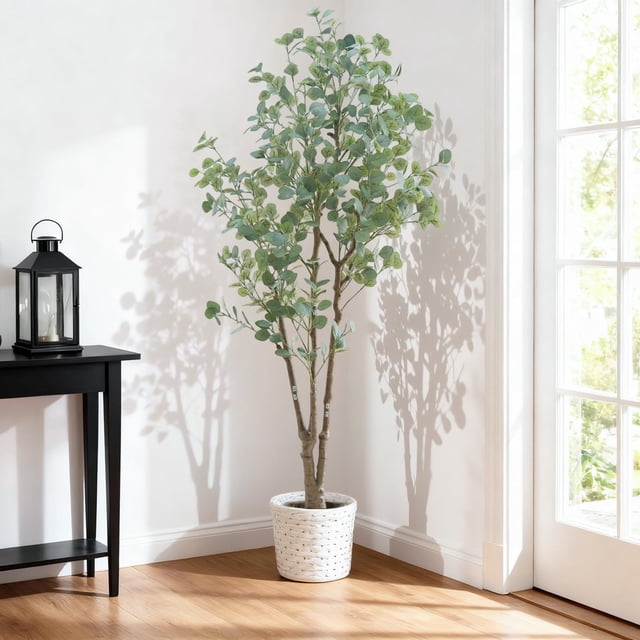 EDTara Artificial Eucalyptus Tree, 6/7FT Tall Faux Plant with Secure PE Material & Anti-Tip Protection, Lifelike Green Potted Tree for Indoor/Outdoor Home Office Décor
