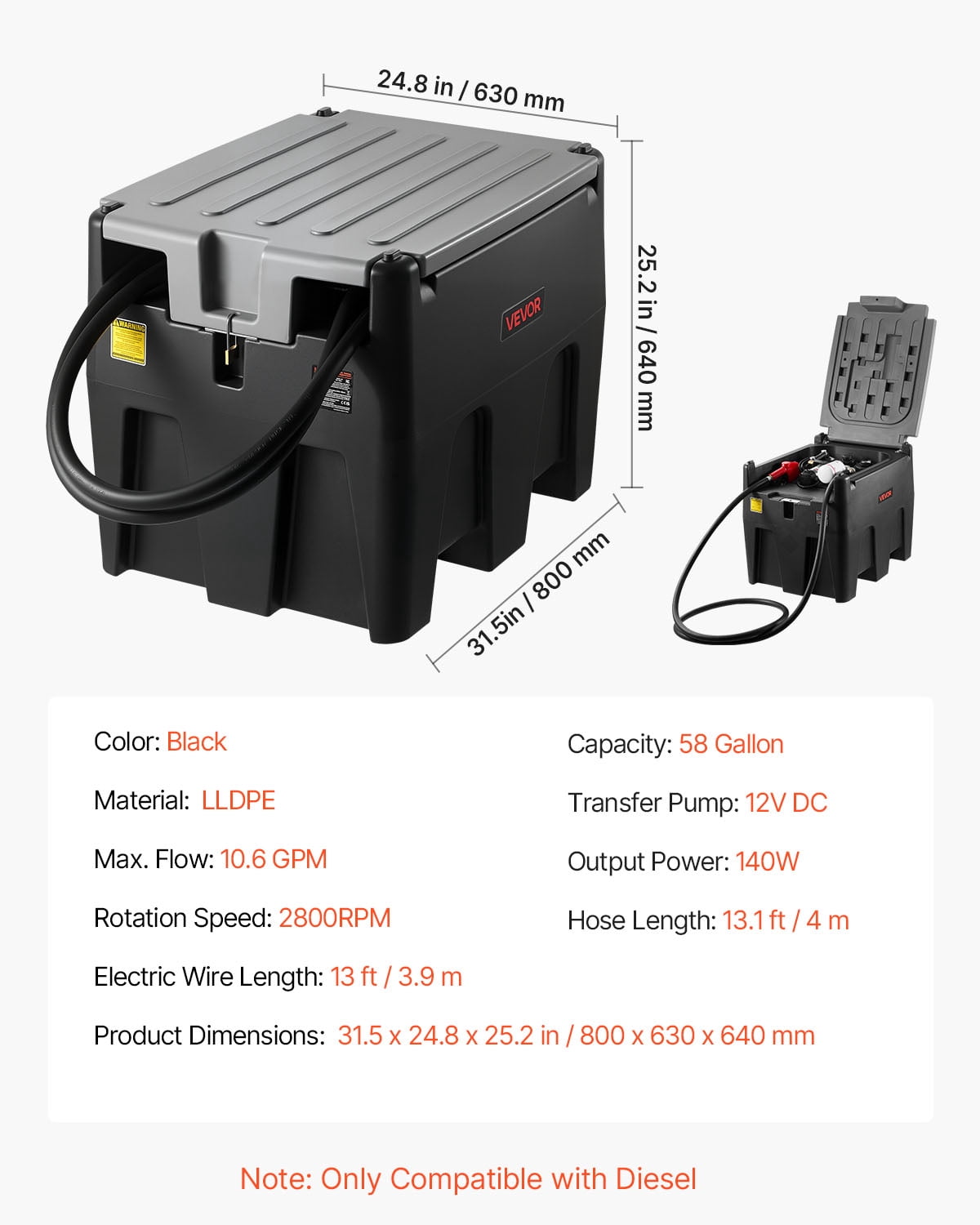 VEVOR Portable Diesel Tank, 58 Gallon Capacity & 10 GPM Flow Rate, Gas Fuel Tank with 12V Electric Transfer Pump and 13.1ft Rubber Hose, PE Diesel Transfer Tanks for Easy Fuel Transportation, Black