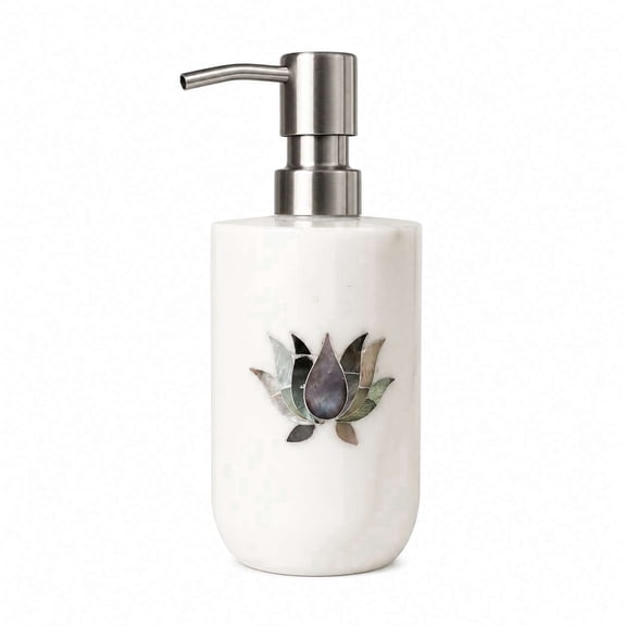 JAMALJAMALOO Natural White Marble Floral Inlay Soap & Lotion Dispenser for Bathroom and Kitchen Sink Liquid Hand Wash Round Bottle