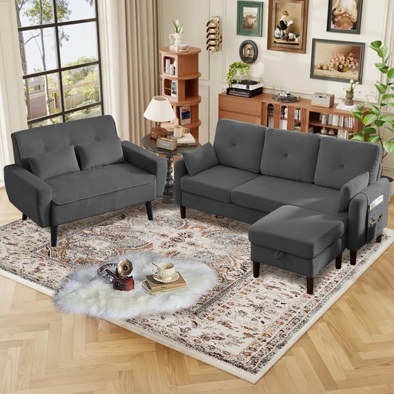 Pingliang Home 3 Piece Sofa Set, Living Room Furniture Set, Convertible L Shaped Couch Sectional Sofa with Storage Ottoman and Loveseat,Modern Linen 3 Seat Couch & 2 Seat Couch