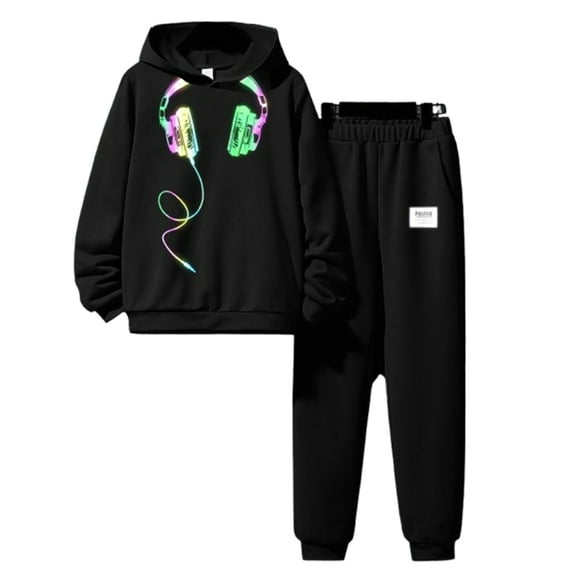 13T Big Boys Clothes 14T Boys 2PCS Fall Winter Outfits Radiant Earphone Print Kid Boys Long Sleeve Hoodie Top Pants Set Black