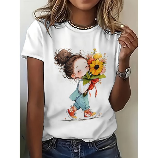Women's Cute Floral Print Short Sleeve T-Shirt - Adorable with Flowers Design, Soft Cotton Blend, Casual Round Neck Tee for Casual Attire, Ladies T Shirts