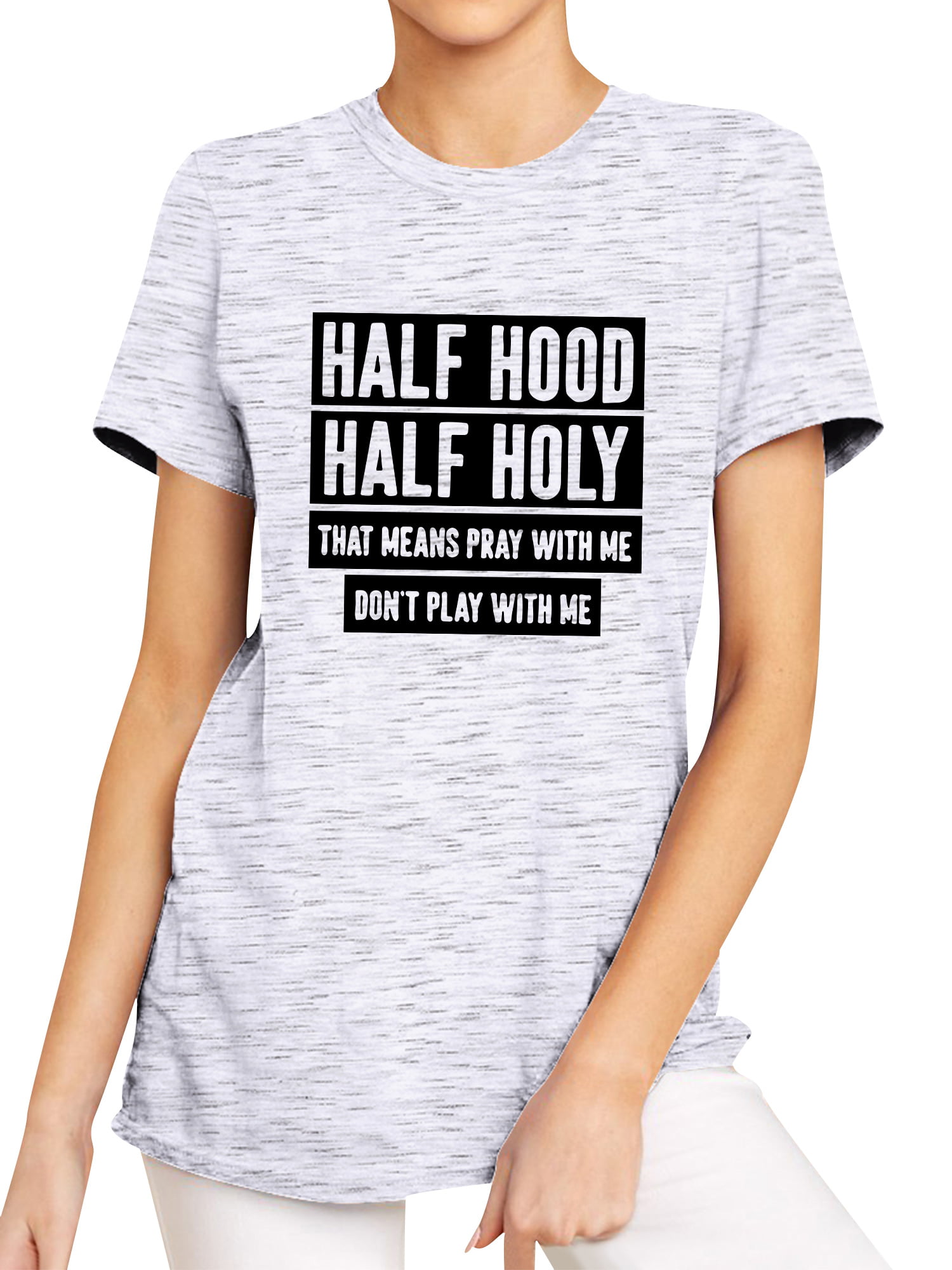 T-Shirts for Women Crewneck Short Sleeve Shirts Saying Letters Print Tee Tops Half Hood Half Holy