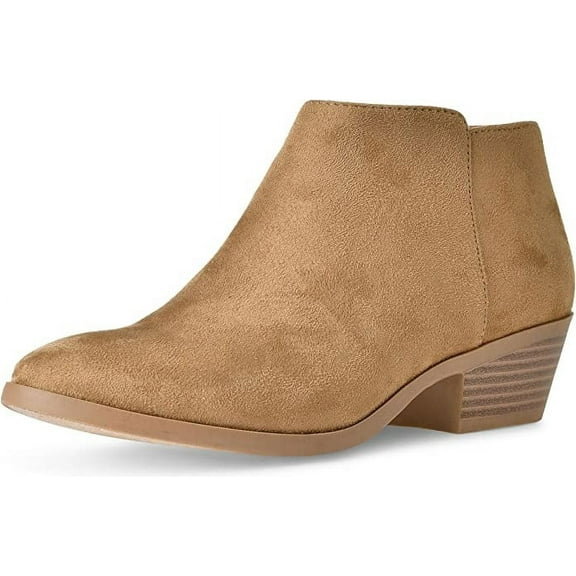 Soda Mug Natural Faux Suede Low Chunky Block Stacked Heel Western Ankle Booties (Natural Vegan Suede, 10)