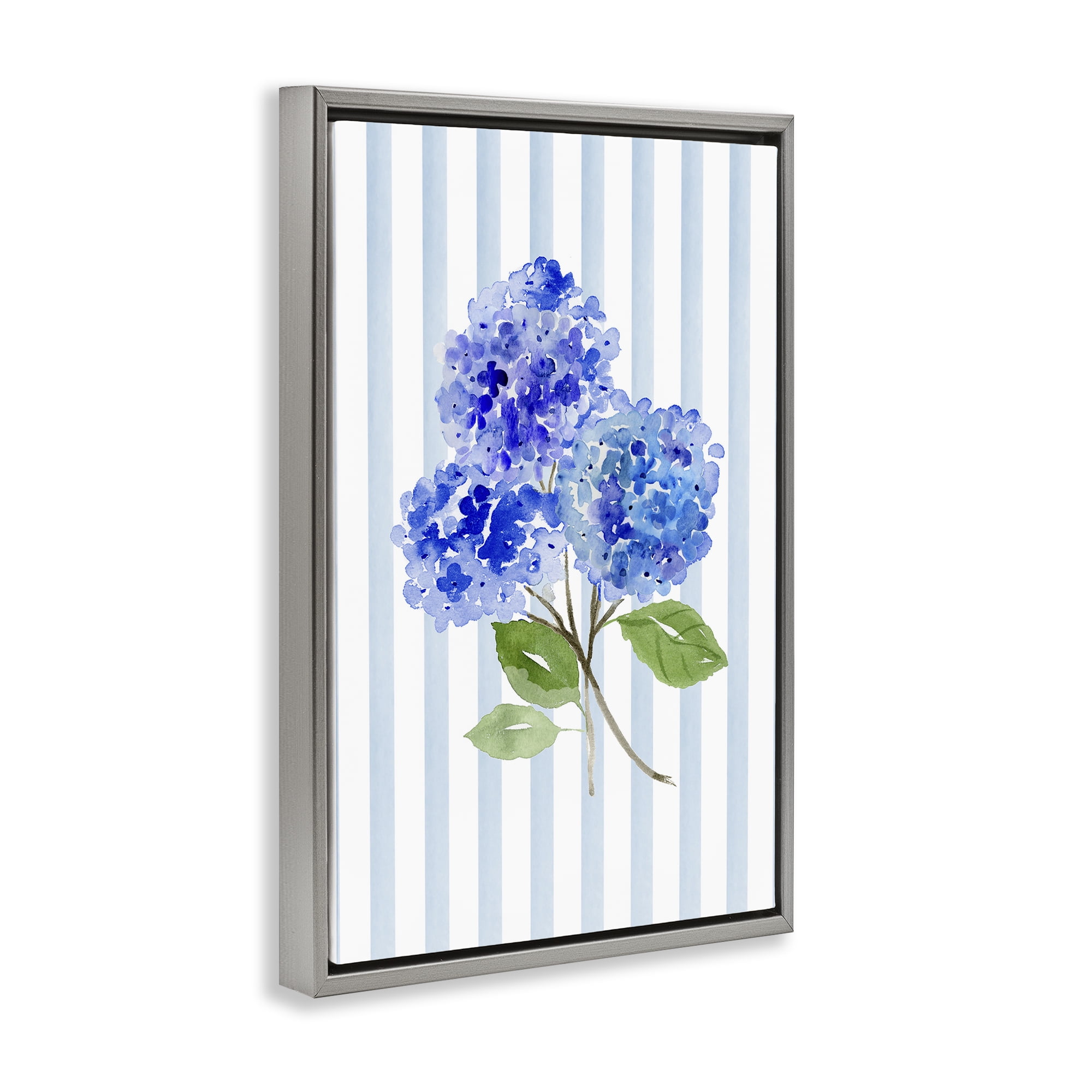 Stupell Industries Blue Hydrangeas over Stripes Gray Framed Floater Canvas Wall Art, design by Corinne Haig