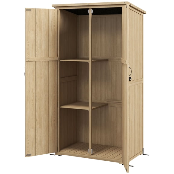 Wooden Outdoor Storage Cabinet Garden Shed with Waterproof Asphalt Roof and Lockable Doors, Natural