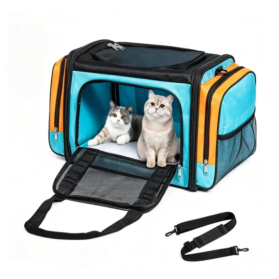 Large Collapsible Pet Travel Carrier for 2 Cats, Mesh Windows, Removable Washable Pad & Shoulder Strap, Blue Orange