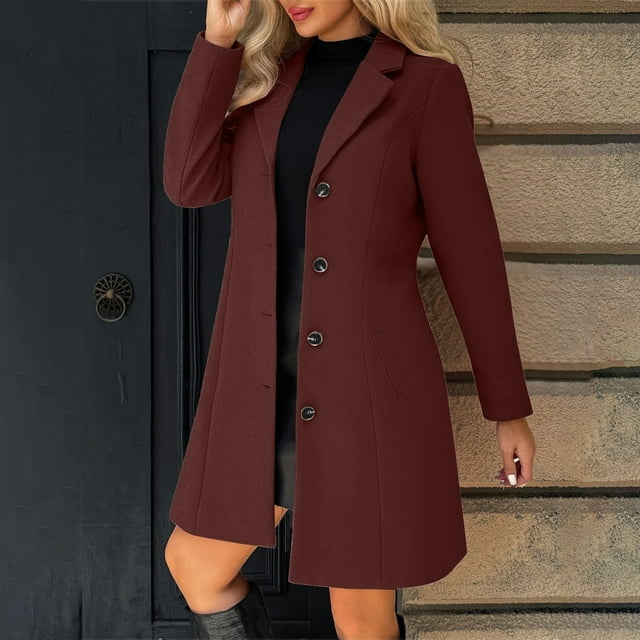 AUNVITO Women's Casual Warm Stand Collar Button Front Belted Pocket Long Sleeve Jacket Coat