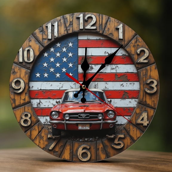 Wall Clock Decorative - Patriotic Classic Car Print 2D Vintage Wall Clocks Battery Operated Silent Non-Ticking for Bedroom, Living Room, Kitchen, Office, Classroom, 10 Inch