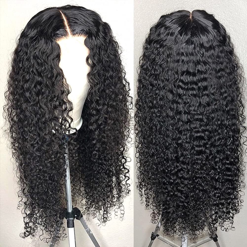 Jerry Curly Human Hair Wig 4x4 Closure Glueless Wigs Human Hair Pre Plucked Pre Cut Lace Closure Glueless Wigs Elastic Band 200% Density Natural Color, 26 Inch