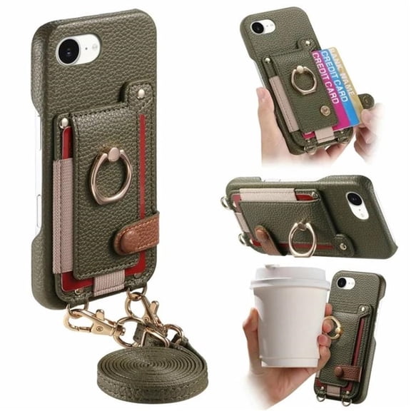 For Apple iPhone 17e / iPhone 16e Phone Case Wallet With Card Holder,PU Leather Case,Ring Holder Kickstand Magnetic Protective Women Men Cover With Shoulder Strap,Grey,For iPhone 17e/16e