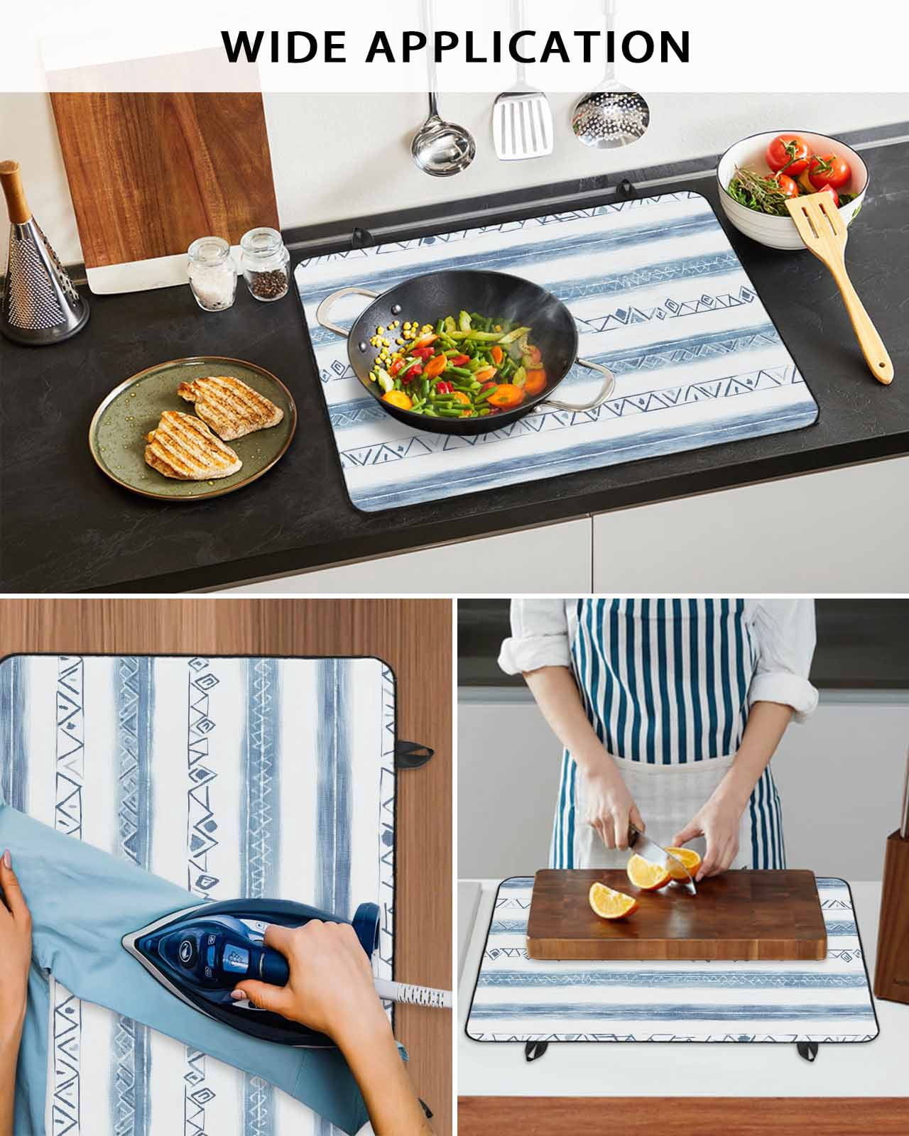 nqOlkjepod Large Induction Cooktop Protector Mat 24"x21", Blue White Stripe Stove Top Covers for Electric Stove, Modern Abstract Geometric Stripes Stove Burner Cover Mats, Glass Top Stove Cover