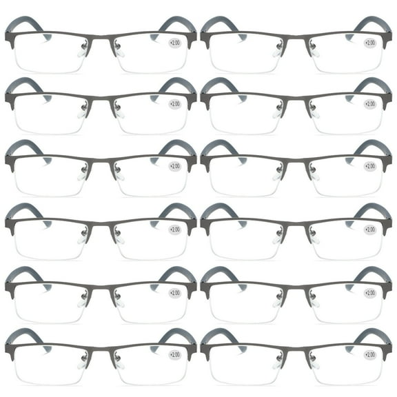 12 PK Men's Blue Light Blocking Reading Glasses - Rectangular Metal Half-Frame - Spring Hinge Readers 0.75