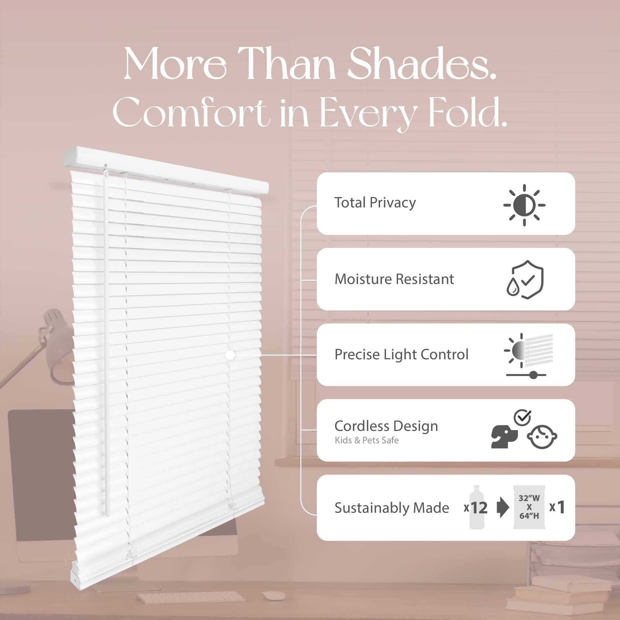 REGAL estate No Drill Cordless 1" Mini Blinds, PeelMount Adhesive Easy Install Light Filtering Window Blinds, 30" W x 48" H, White