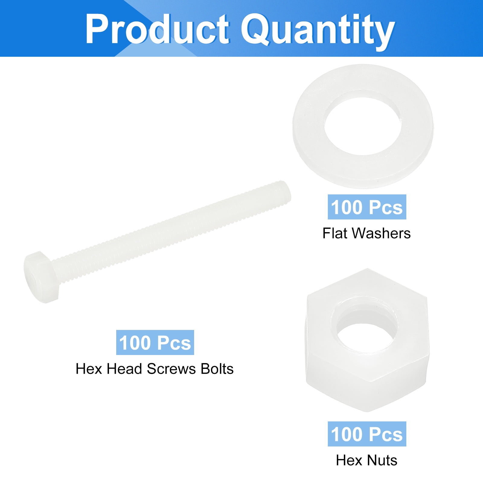 Uxcell 300 Pack/100 Sets Nylon Hex Bolts, M6 x 60mm Plastic Full Threaded Hex Head Screws Bolts and Nuts with Flat Washers for Machinery Electronics Industrial Accessories, White