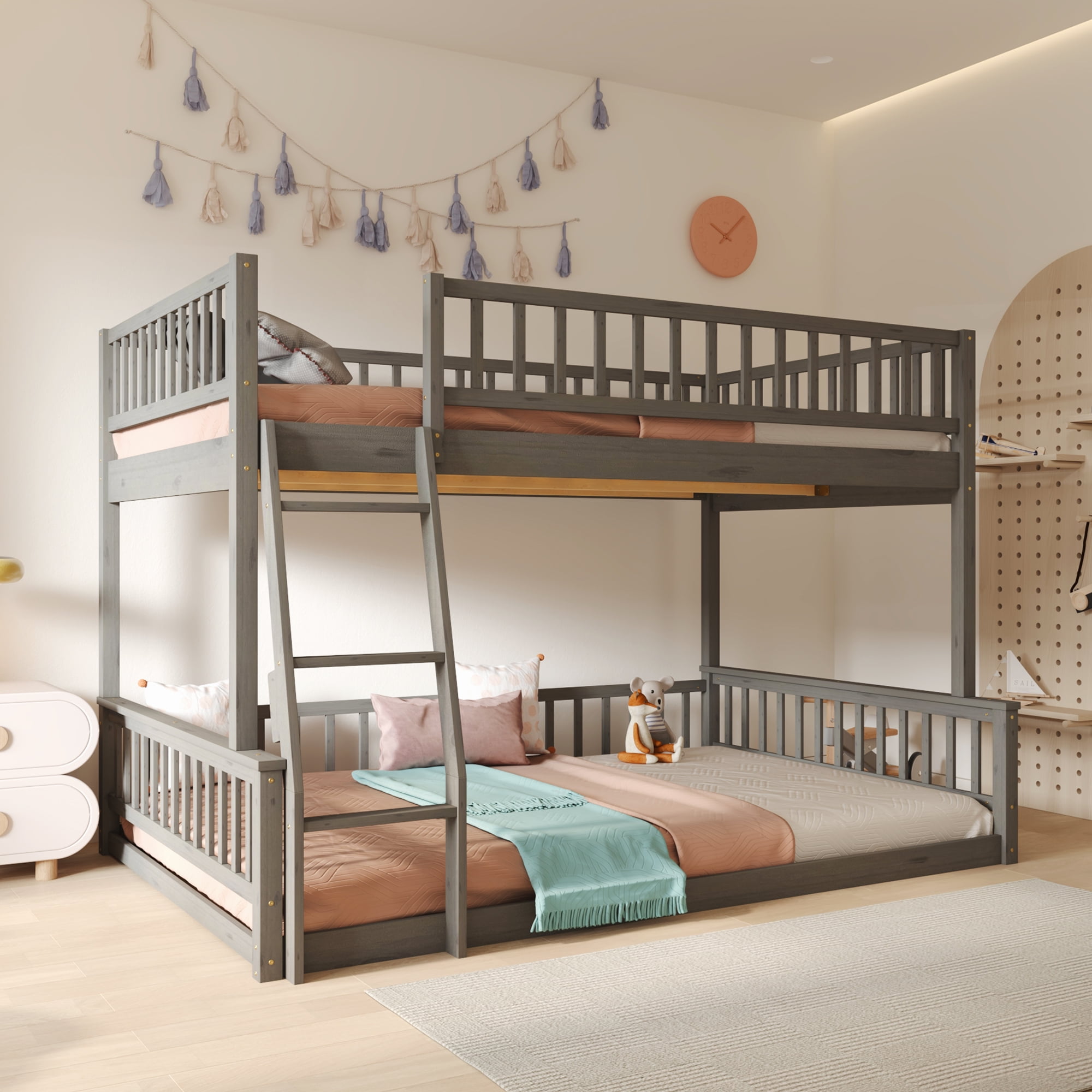 MAYEERTY Full XL over Queen Bunk Bed with Ladder and Guardrails, Gray