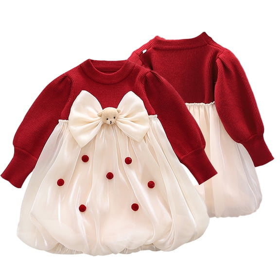 Esaierr Toddlers Baby Girls Red Knitted Sweater Dress Kids Casual Dress 3M-4T Infant Puff Sleeve Pleated Red Party Dress Winter Outfit