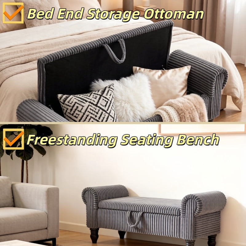 51.5'' Upholstered Corduroy Storage Ottoman Bench with Hinged Lid, Freestanding Bench Bed End Hidden Storage Footrest