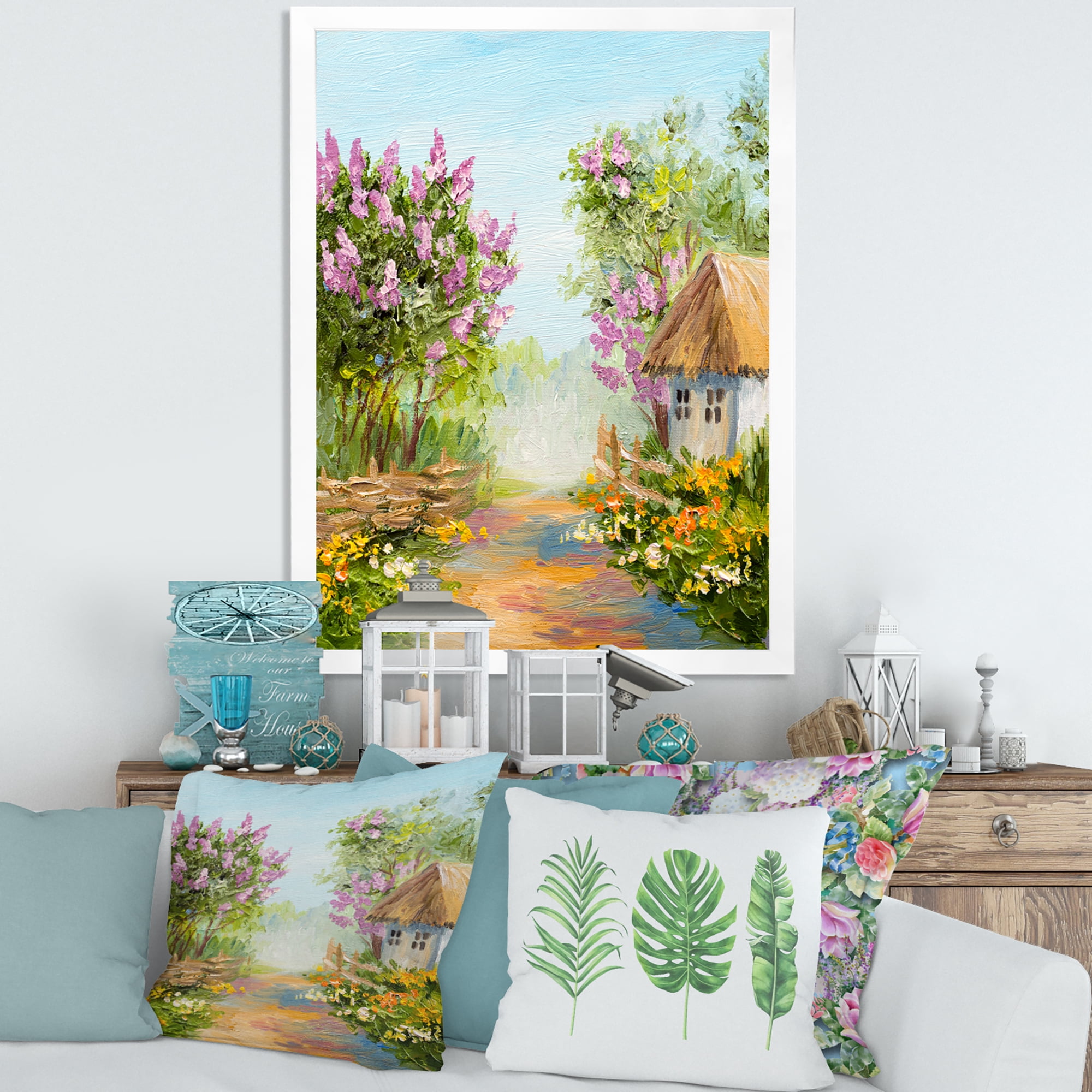 Designart 'Little House In The Blossoming Flowers Forest' Lake House Framed Art Print