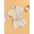 thumbnail image 3 of hirigin Kids Girls Casual Romper, Solid Color Short Sleeve Button-Down Lapel Bodysuit with Belt, 3 of 8