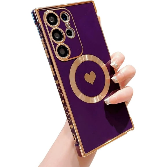 Magnetic Charging Phone Case for Samsung Galaxy S23 Ultra 5g [ Compatible with MagSafe ] New Plating Cute Heart Protective Cover for Women Soft Shockproof Bumper Cases (Deep Purple)