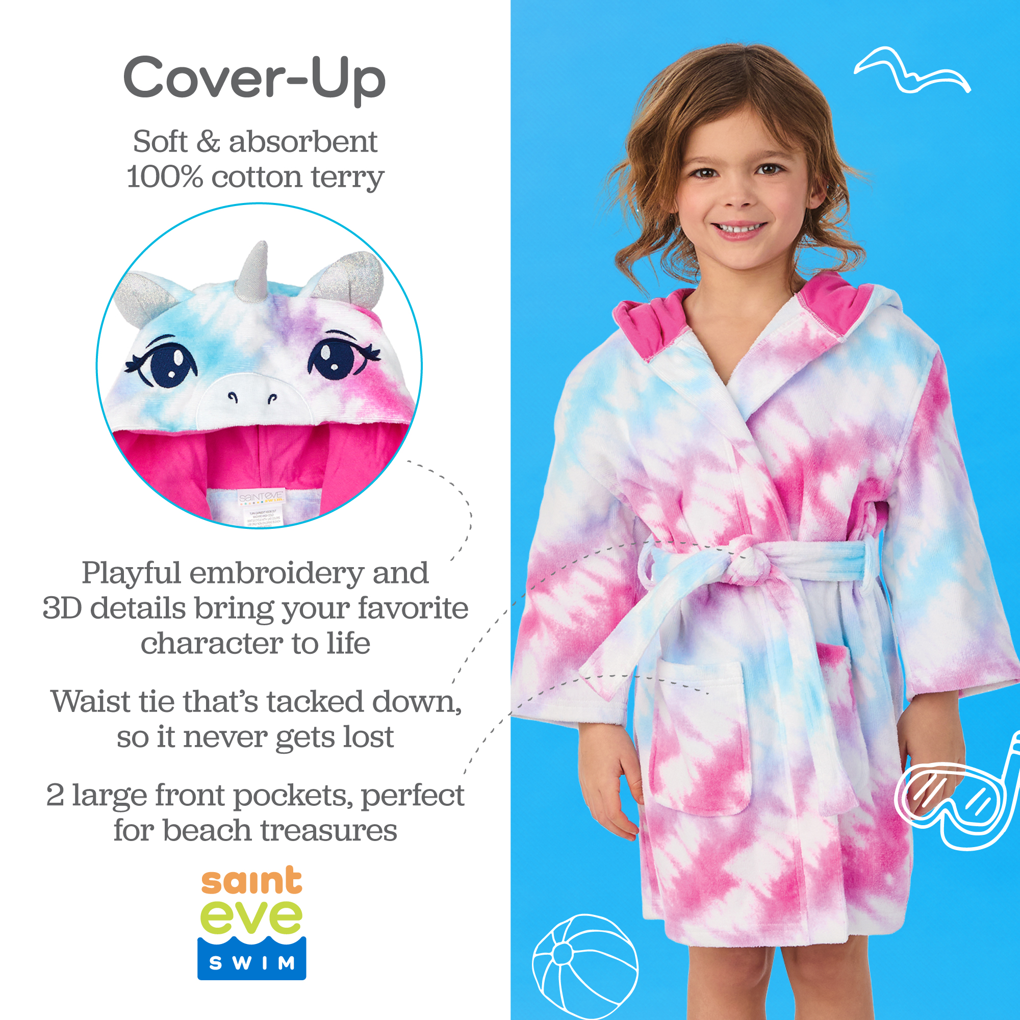 Bata de toalla con capucha para niños y niñas, cubre trajes de baño para playa, unicornio rosa y azul, XXS 4